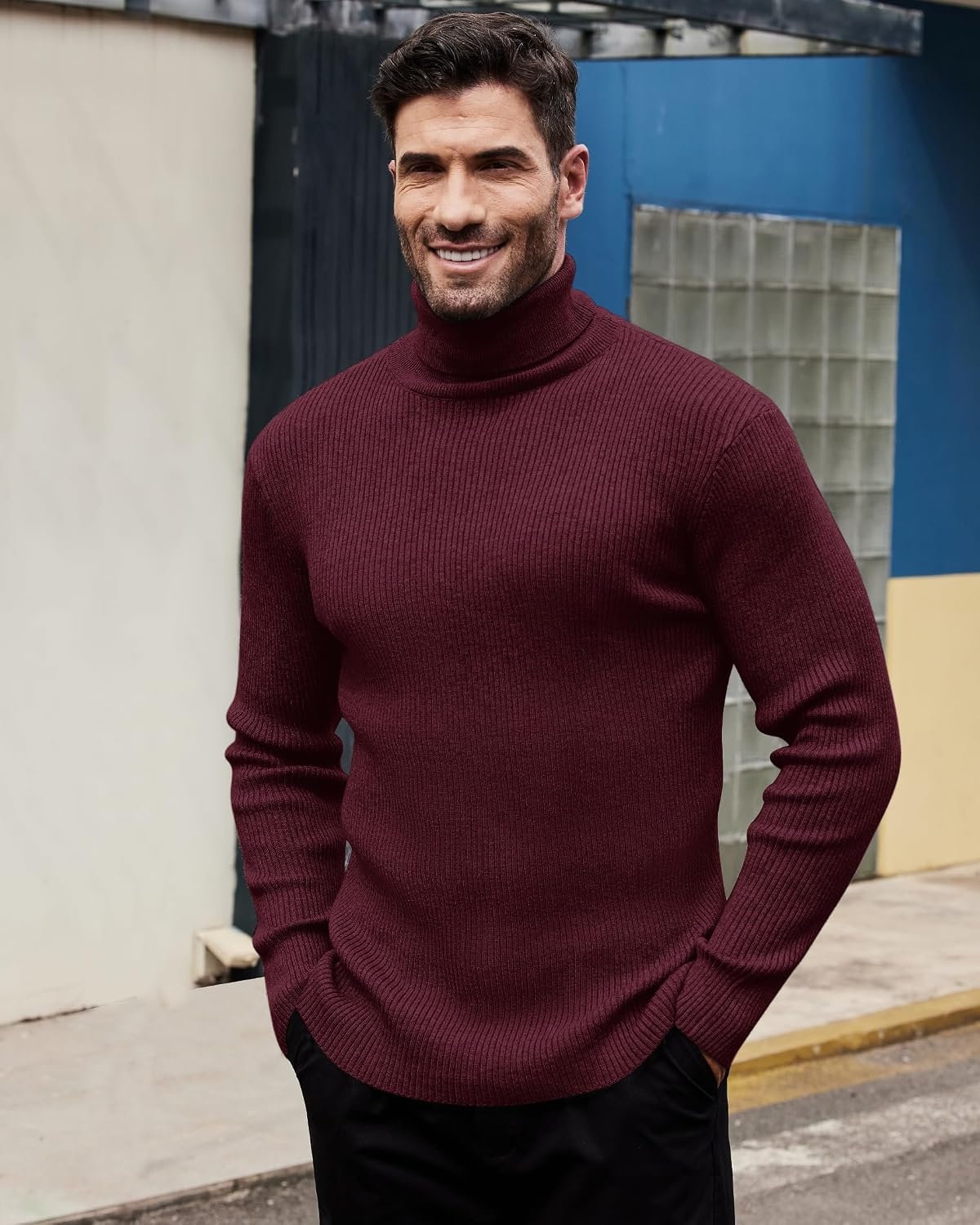 image:imageAlimens amp Gentle Mens Turtleneck Sweater Slim Fit Cable Knitted Casual Pullover Lightweight Ribbed Long Sleeve SweatersWine Red