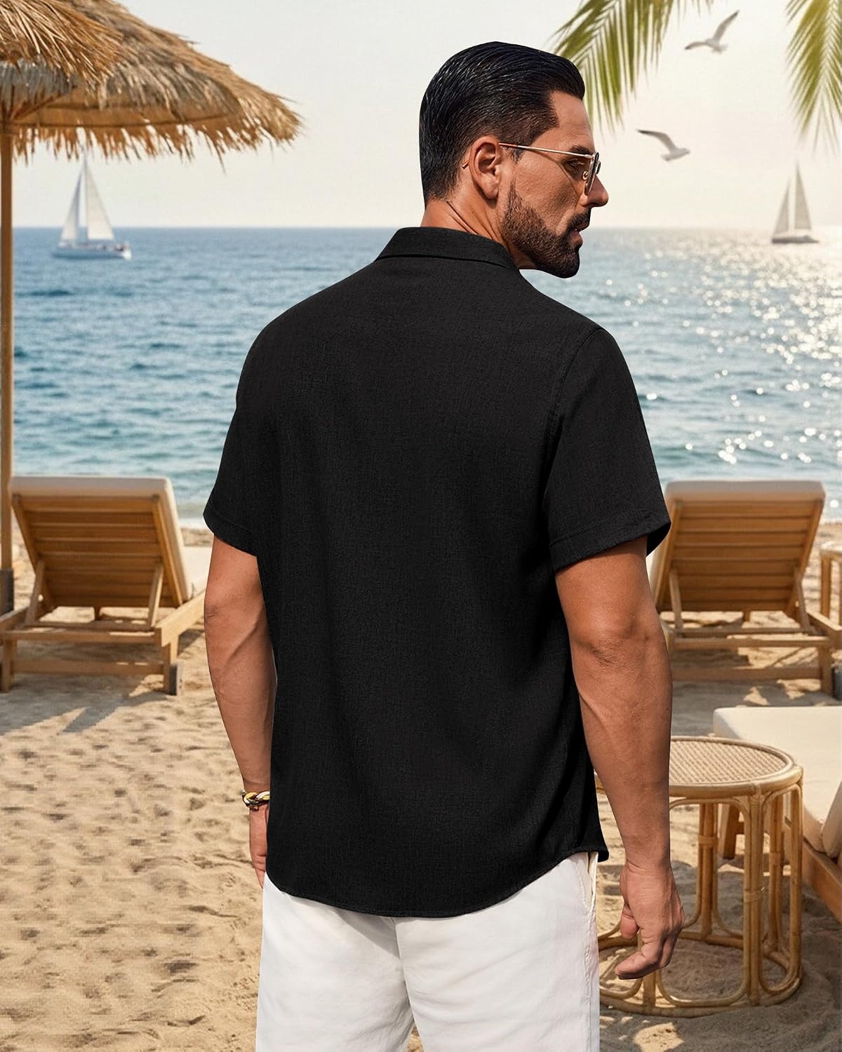 image:imageMens Linen Shirt Short Sleeve Button Down Shirt Summer Casual Beach TopsBlack