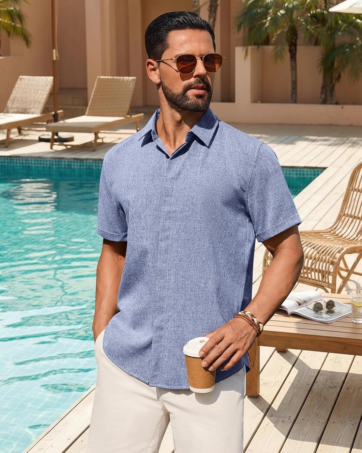 image:imageMens Linen Shirt Short Sleeve Button Down Shirt Summer Casual Beach TopsBlue