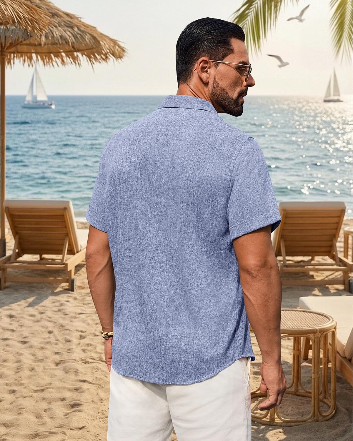 image:imageMens Linen Shirt Short Sleeve Button Down Shirt Summer Casual Beach TopsBlue