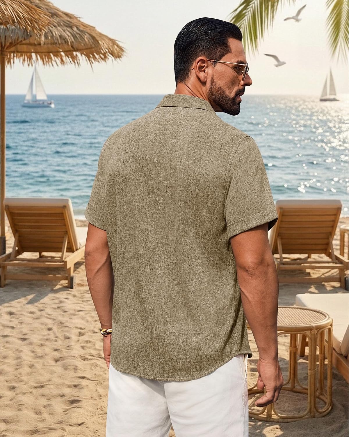 image:imageMens Linen Shirt Short Sleeve Button Down Shirt Summer Casual Beach TopsBrown