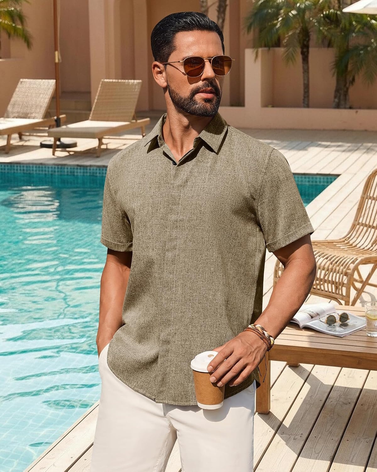 image:imageMens Linen Shirt Short Sleeve Button Down Shirt Summer Casual Beach TopsBrown