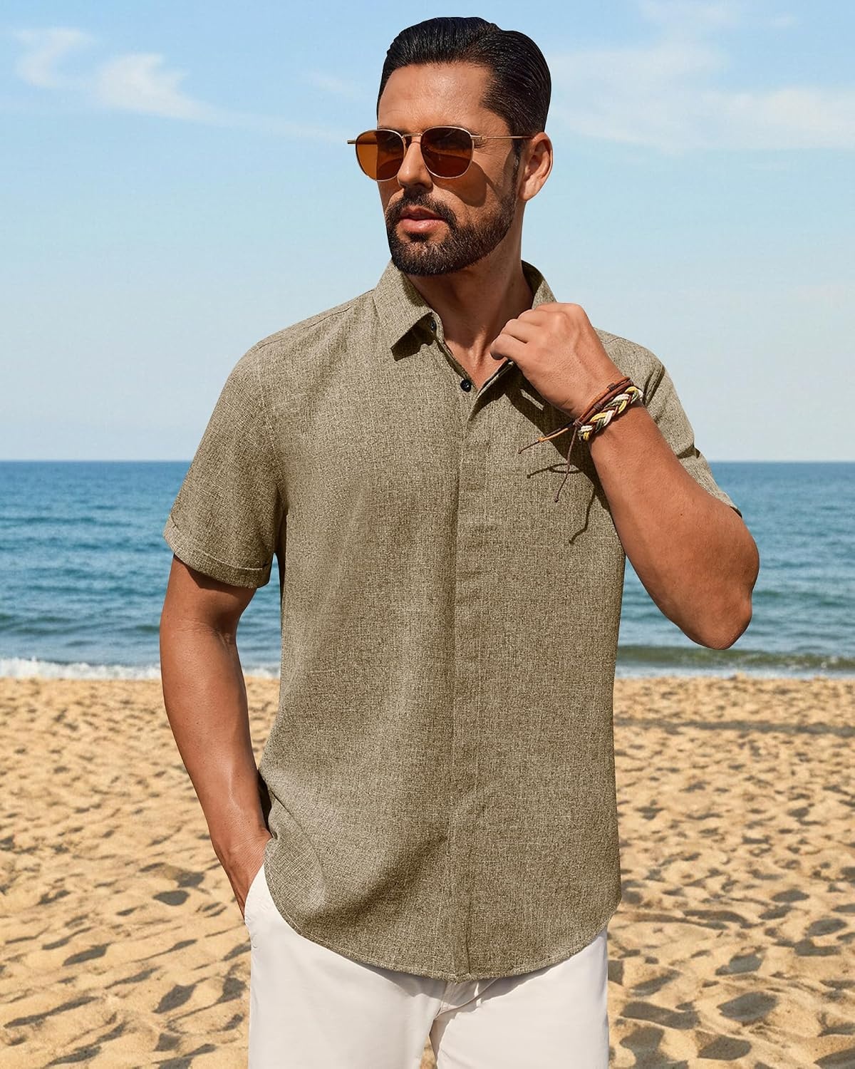 image:imageMens Linen Shirt Short Sleeve Button Down Shirt Summer Casual Beach TopsBrown