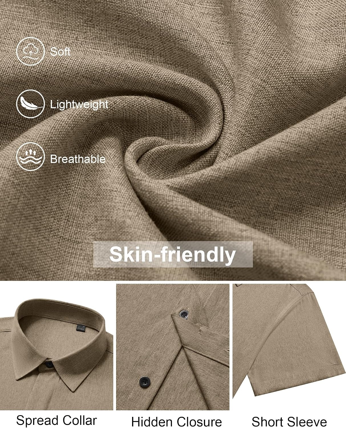 image:imageMens Linen Shirt Short Sleeve Button Down Shirt Summer Casual Beach TopsBrown