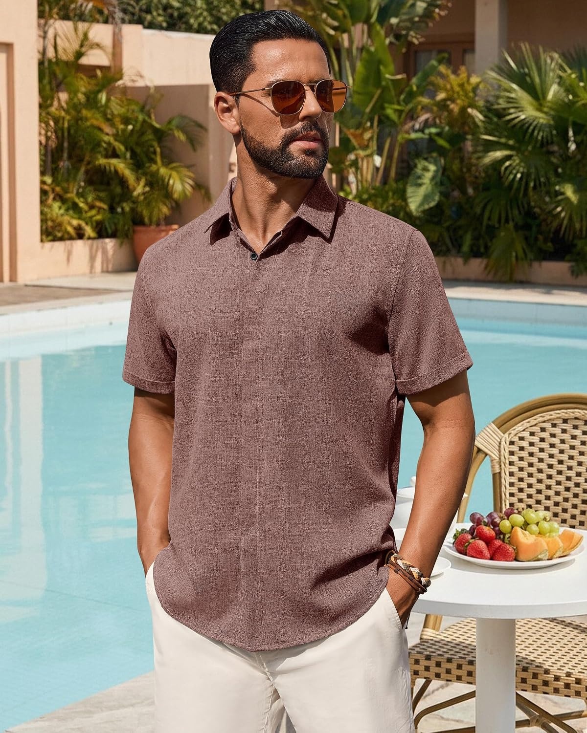 image:imageMens Linen Shirt Short Sleeve Button Down Shirt Summer Casual Beach TopsBurgundy