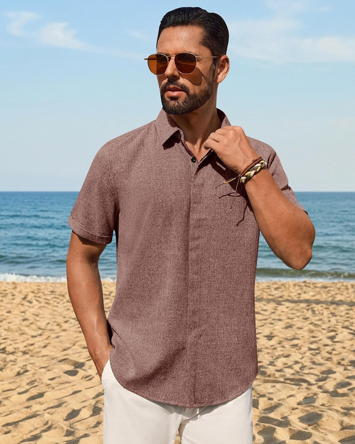 image:imageMens Linen Shirt Short Sleeve Button Down Shirt Summer Casual Beach TopsBurgundy