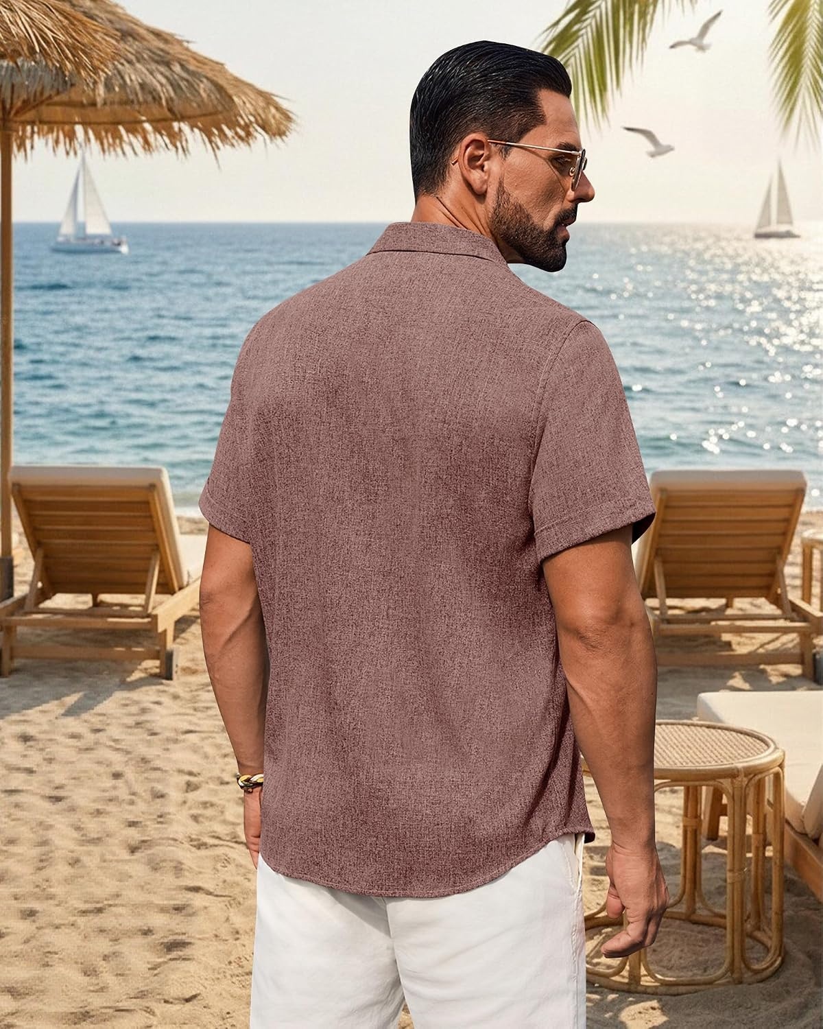 image:imageMens Linen Shirt Short Sleeve Button Down Shirt Summer Casual Beach TopsBurgundy
