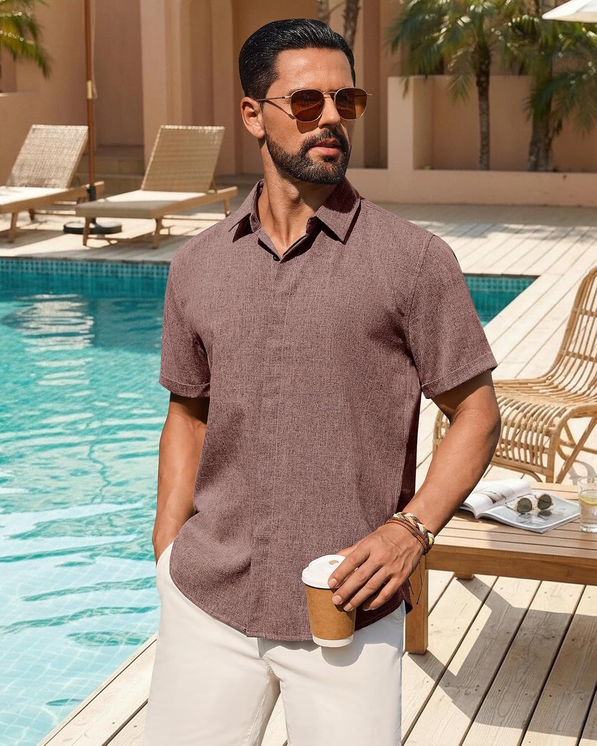 image:imageMens Linen Shirt Short Sleeve Button Down Shirt Summer Casual Beach TopsBurgundy