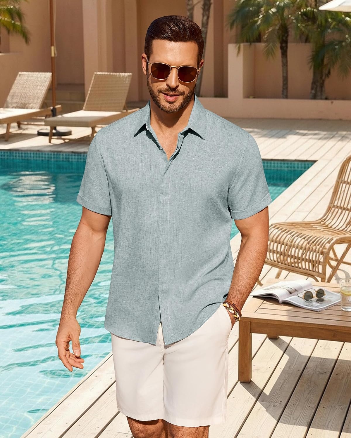 image:imageMens Linen Shirt Short Sleeve Button Down Shirt Summer Casual Beach TopsDusty Blue