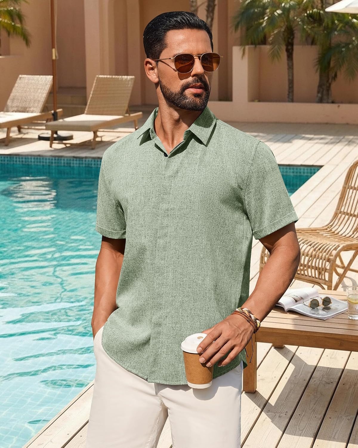 image:imageMens Linen Shirt Short Sleeve Button Down Shirt Summer Casual Beach TopsGreen