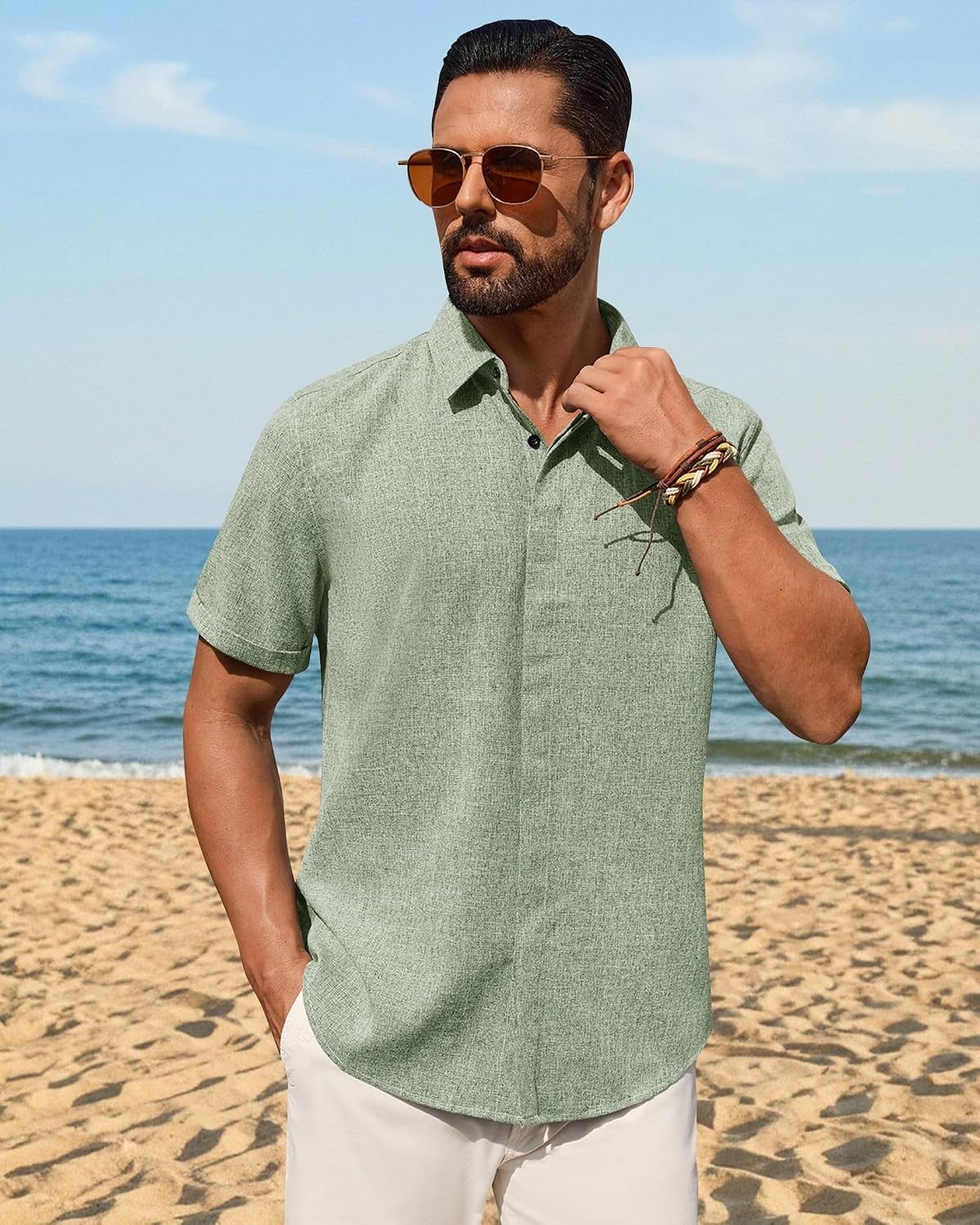 image:imageMens Linen Shirt Short Sleeve Button Down Shirt Summer Casual Beach TopsGreen