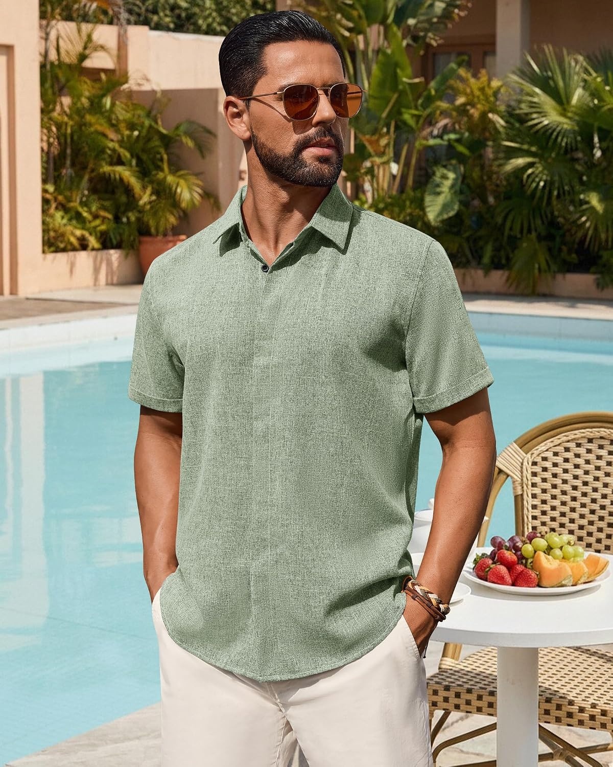 image:imageMens Linen Shirt Short Sleeve Button Down Shirt Summer Casual Beach TopsGreen