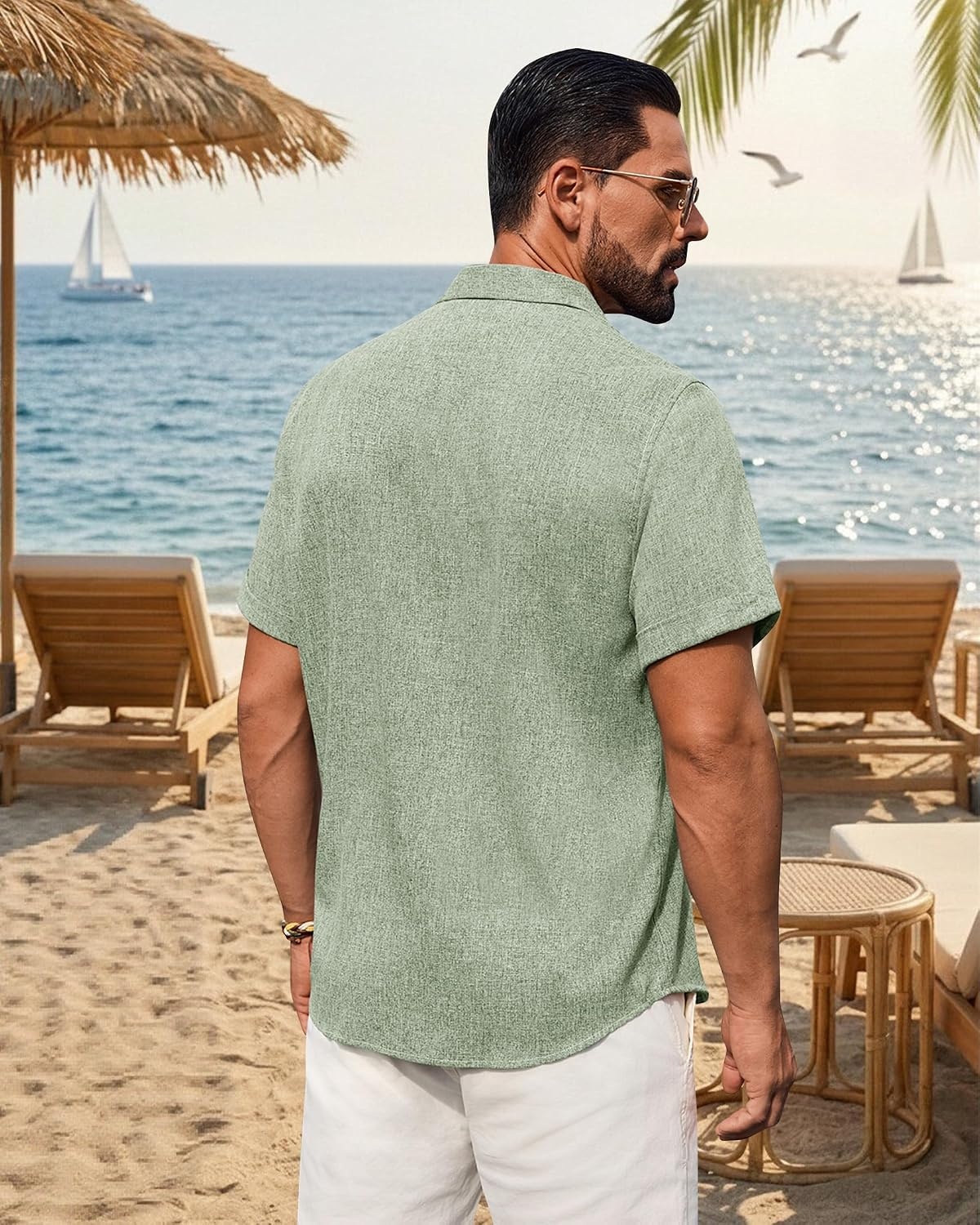 image:imageMens Linen Shirt Short Sleeve Button Down Shirt Summer Casual Beach TopsGreen