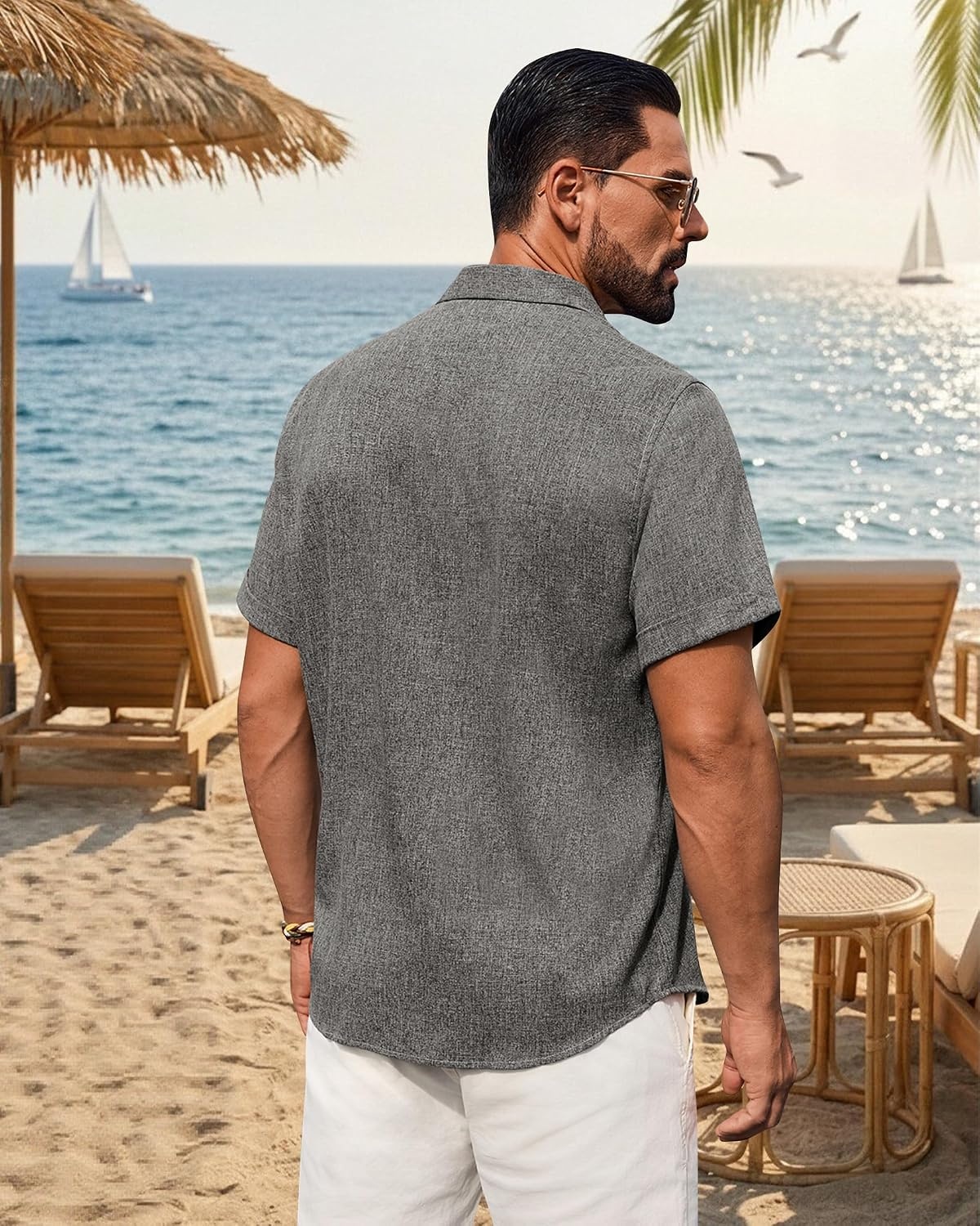 image:imageMens Linen Shirt Short Sleeve Button Down Shirt Summer Casual Beach TopsGrey