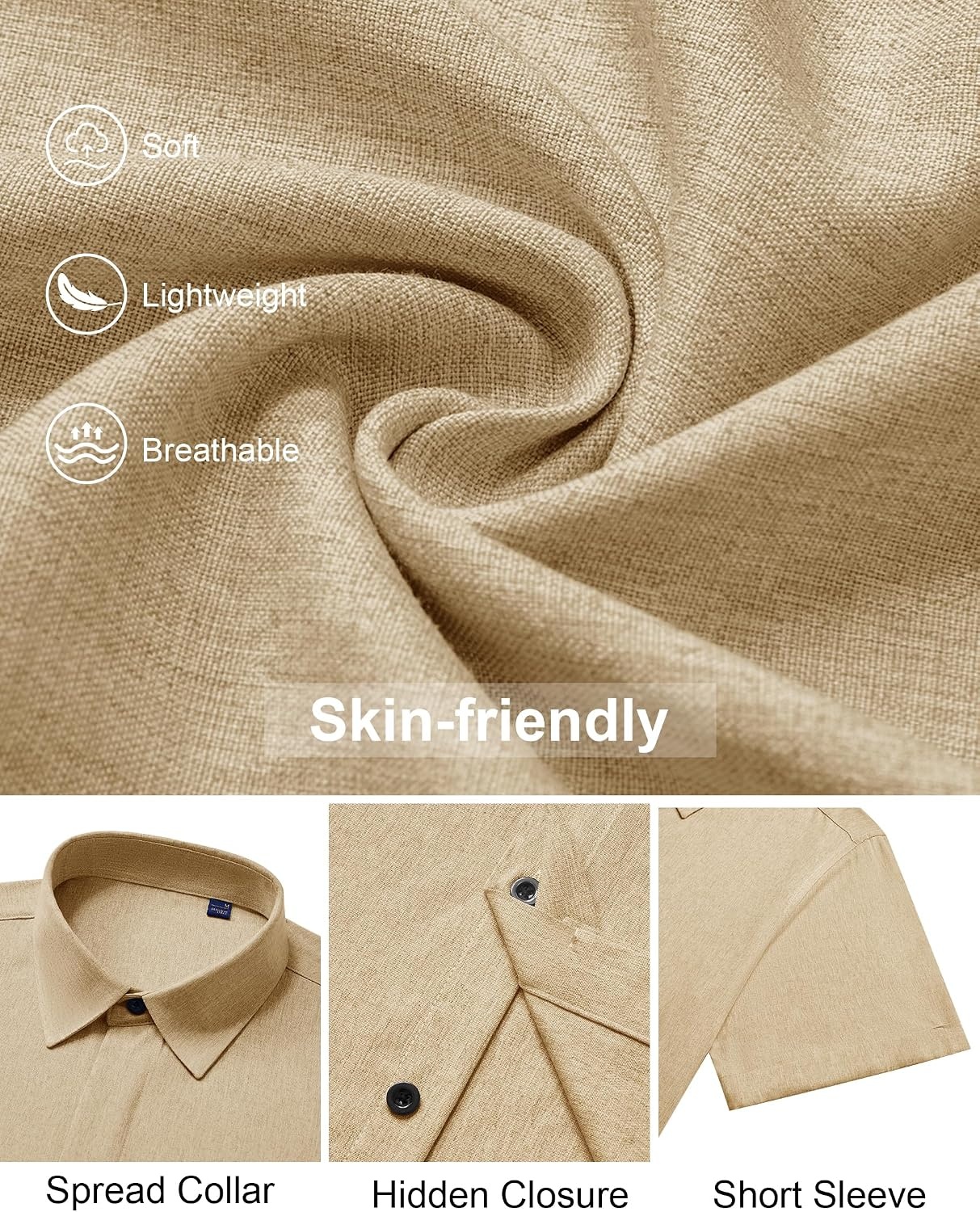 image:imageMens Linen Shirt Short Sleeve Button Down Shirt Summer Casual Beach TopsKhaki