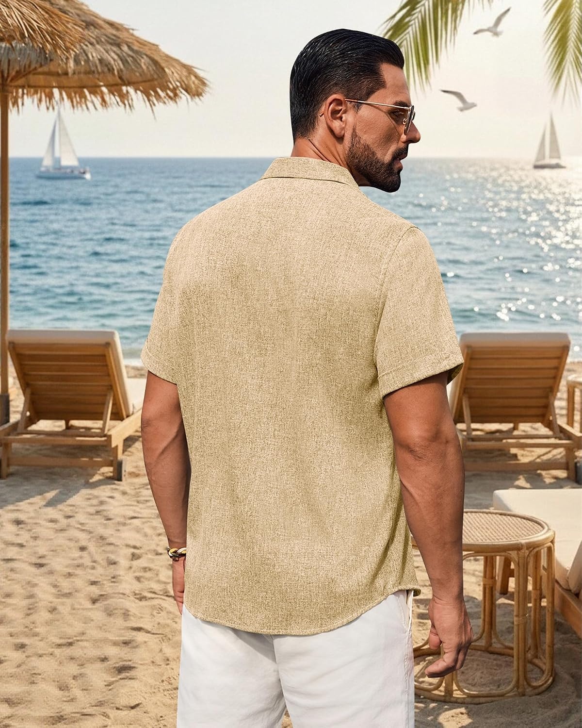 image:imageMens Linen Shirt Short Sleeve Button Down Shirt Summer Casual Beach TopsKhaki