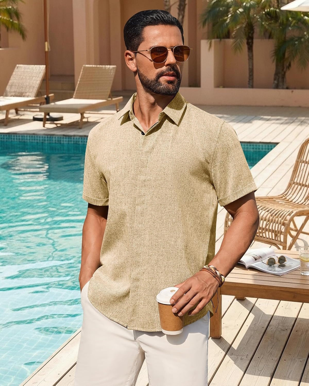 image:imageMens Linen Shirt Short Sleeve Button Down Shirt Summer Casual Beach TopsKhaki