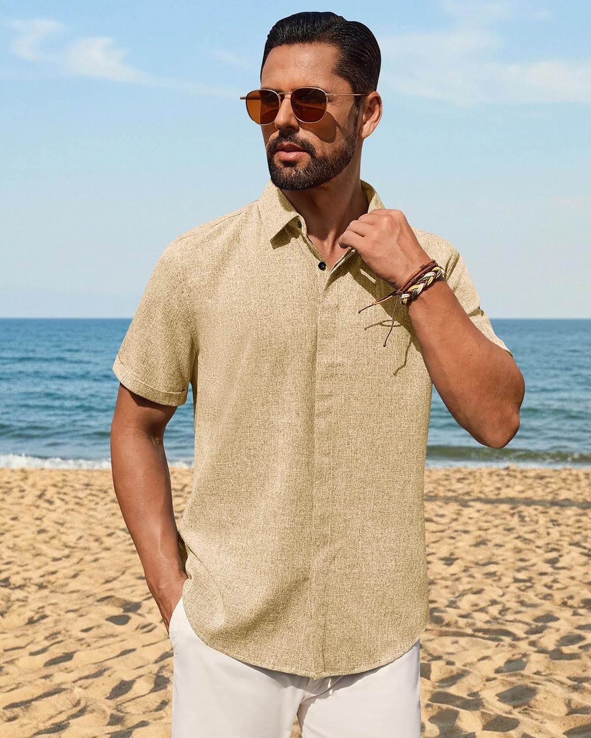 image:imageMens Linen Shirt Short Sleeve Button Down Shirt Summer Casual Beach TopsKhaki