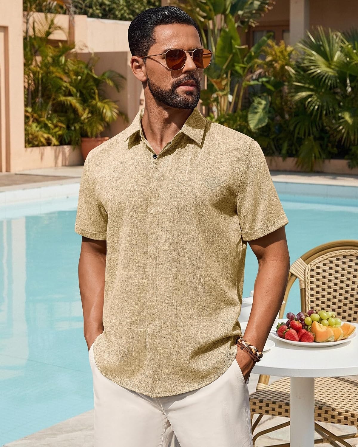 image:imageMens Linen Shirt Short Sleeve Button Down Shirt Summer Casual Beach TopsKhaki