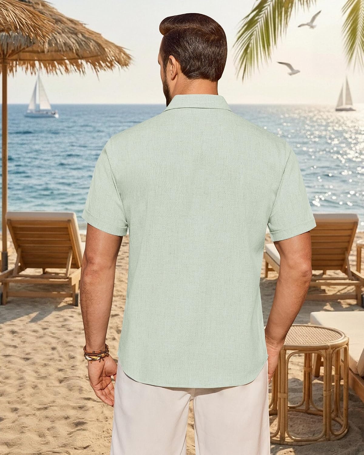 image:imageMens Linen Shirt Short Sleeve Button Down Shirt Summer Casual Beach TopsLight Green