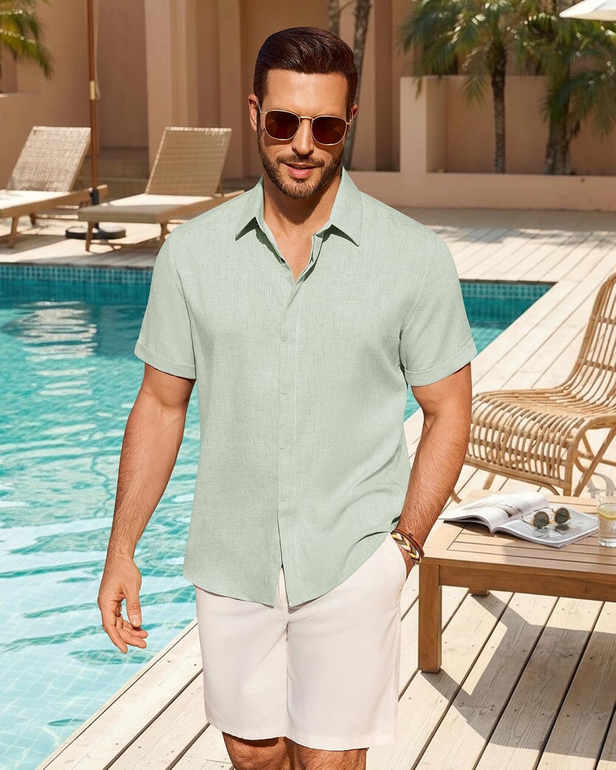 image:imageMens Linen Shirt Short Sleeve Button Down Shirt Summer Casual Beach TopsLight Green
