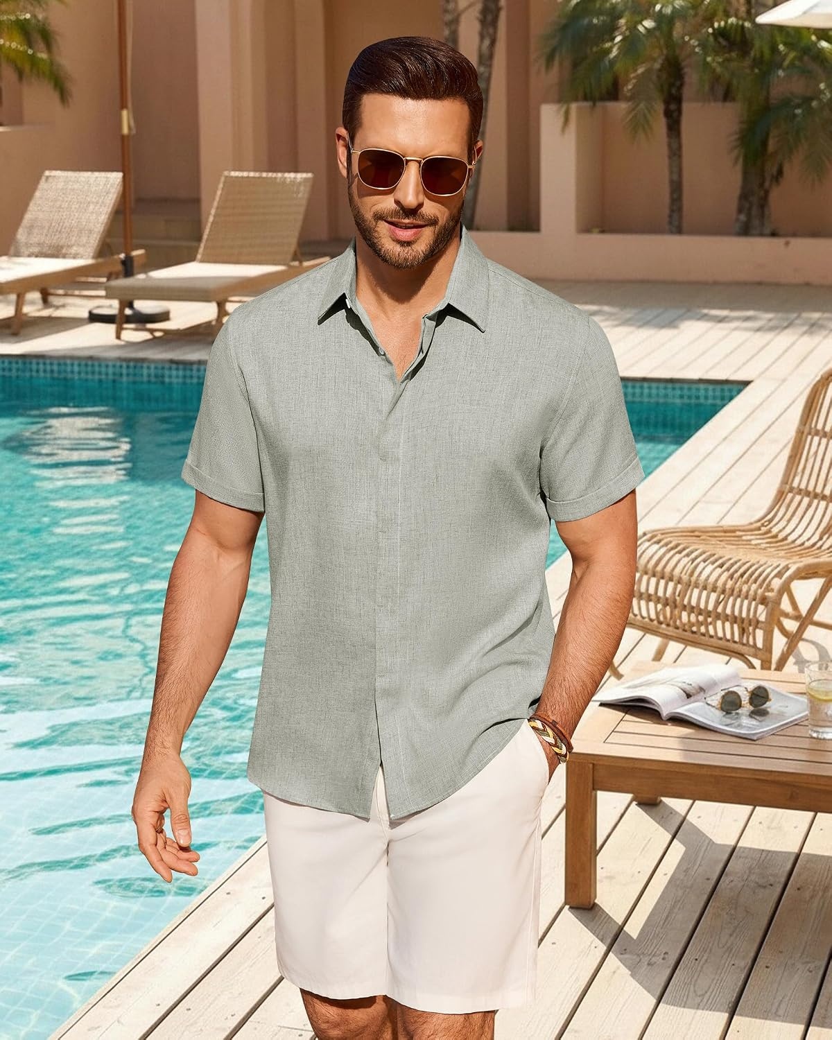 image:imageMens Linen Shirt Short Sleeve Button Down Shirt Summer Casual Beach TopsLight Grey