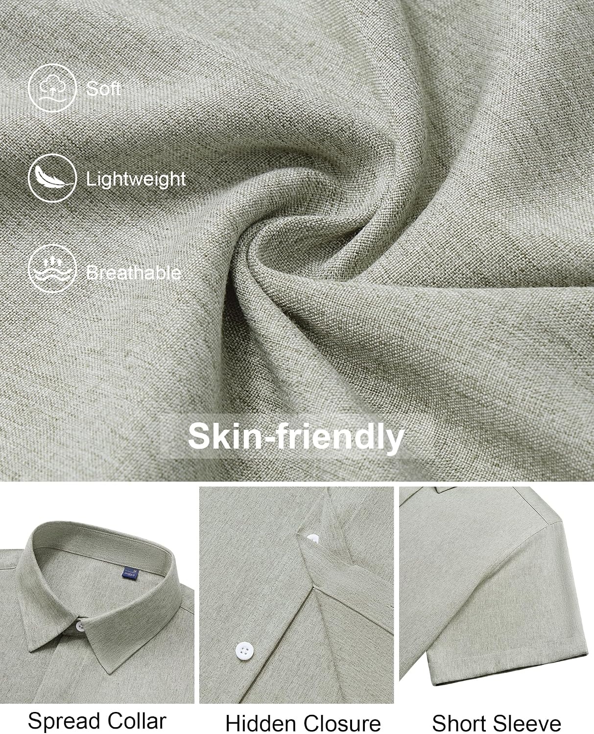 image:imageMens Linen Shirt Short Sleeve Button Down Shirt Summer Casual Beach TopsLight Grey