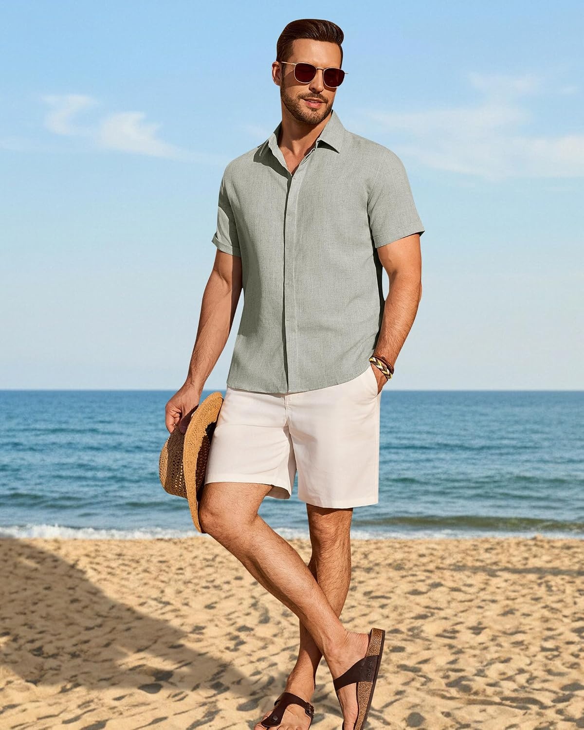 image:imageMens Linen Shirt Short Sleeve Button Down Shirt Summer Casual Beach TopsLight Grey