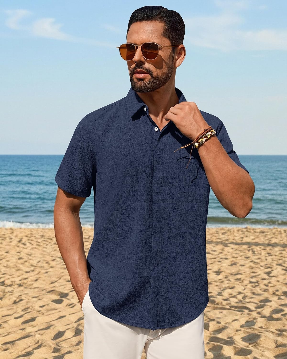 image:imageMens Linen Shirt Short Sleeve Button Down Shirt Summer Casual Beach TopsNavy Blue