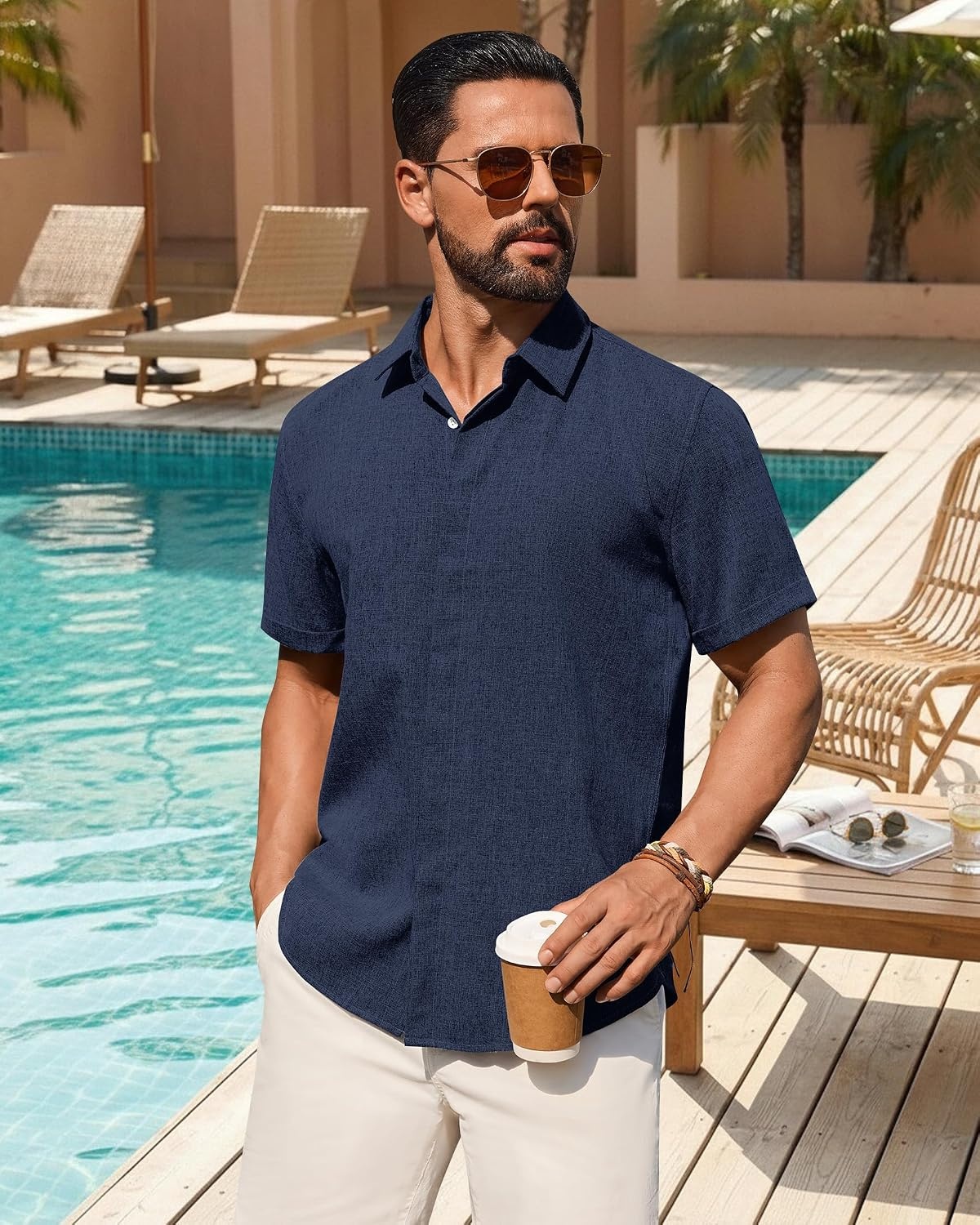 image:imageMens Linen Shirt Short Sleeve Button Down Shirt Summer Casual Beach TopsNavy Blue