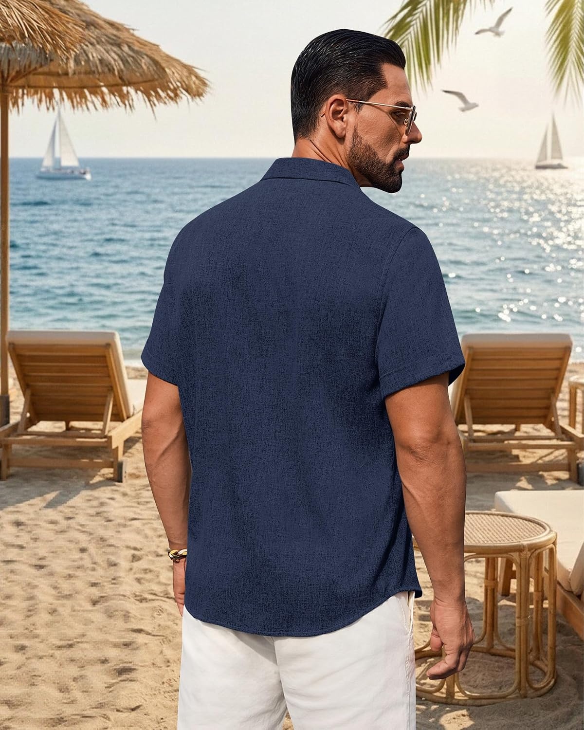 image:imageMens Linen Shirt Short Sleeve Button Down Shirt Summer Casual Beach TopsNavy Blue