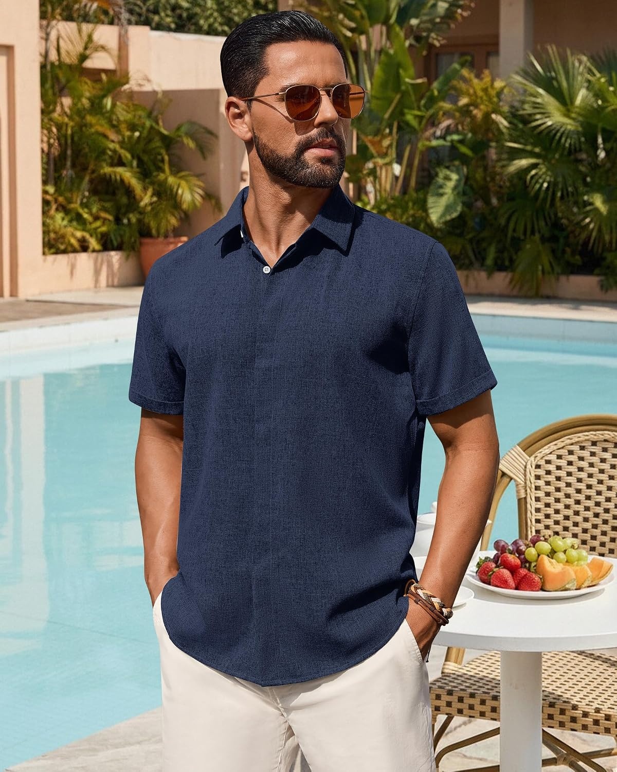 image:imageMens Linen Shirt Short Sleeve Button Down Shirt Summer Casual Beach TopsNavy Blue