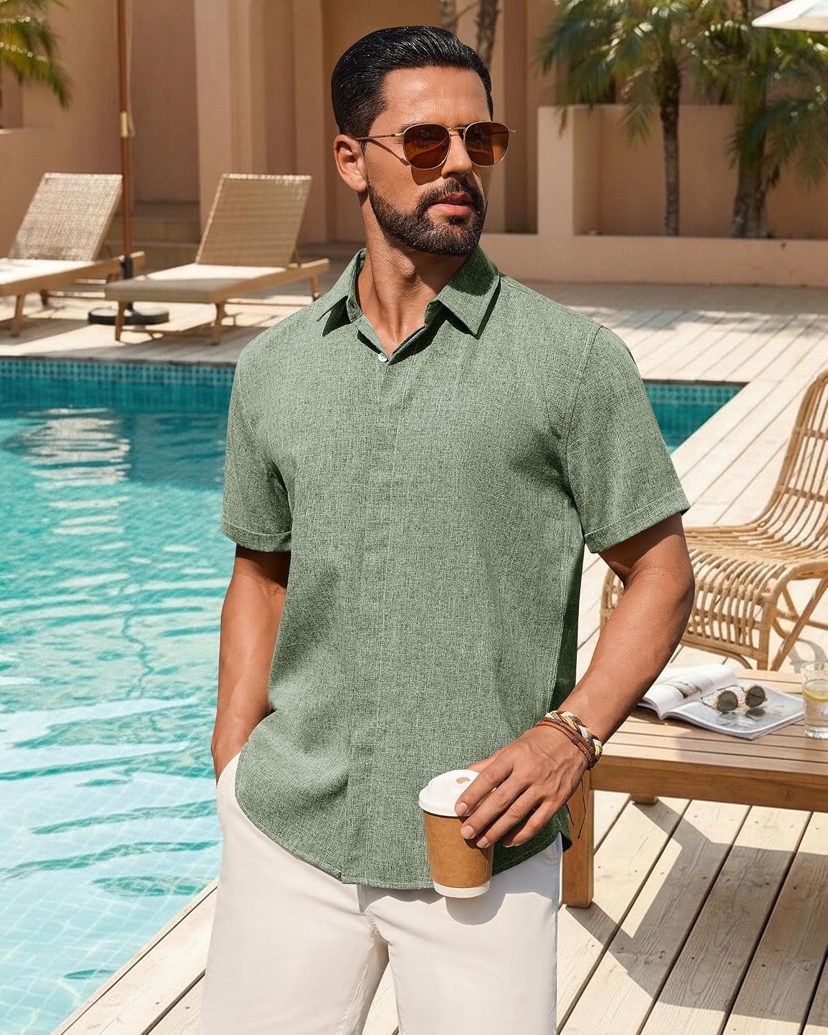 image:imageMens Linen Shirt Short Sleeve Button Down Shirt Summer Casual Beach TopsOlive Green