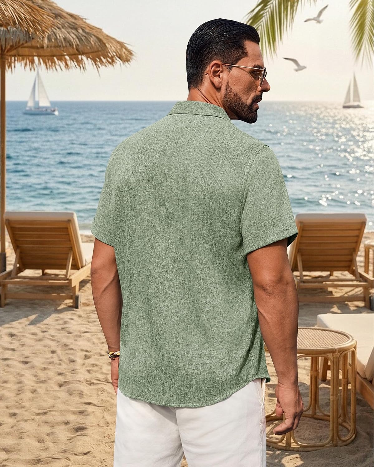 image:imageMens Linen Shirt Short Sleeve Button Down Shirt Summer Casual Beach TopsOlive Green