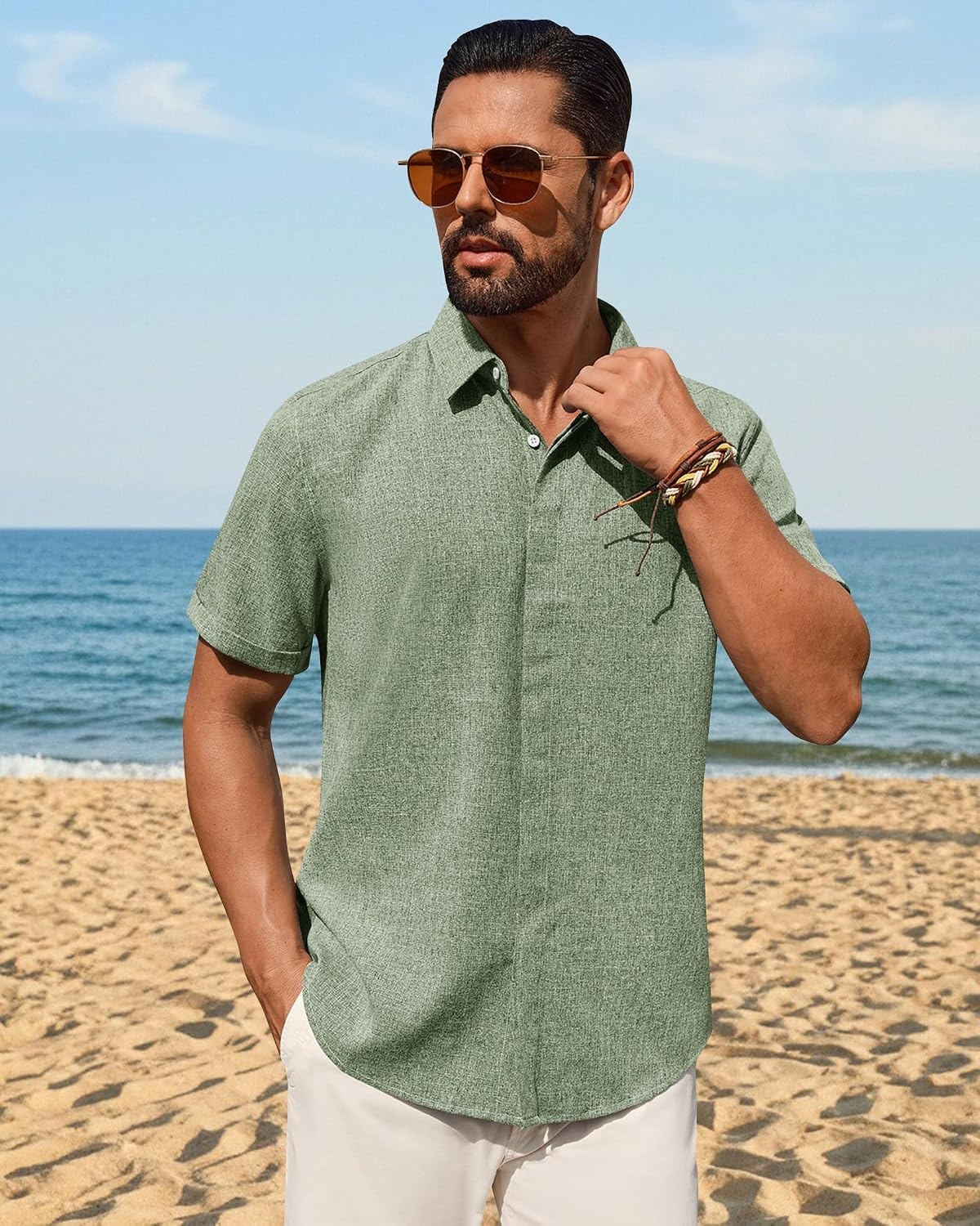 image:imageMens Linen Shirt Short Sleeve Button Down Shirt Summer Casual Beach TopsOlive Green