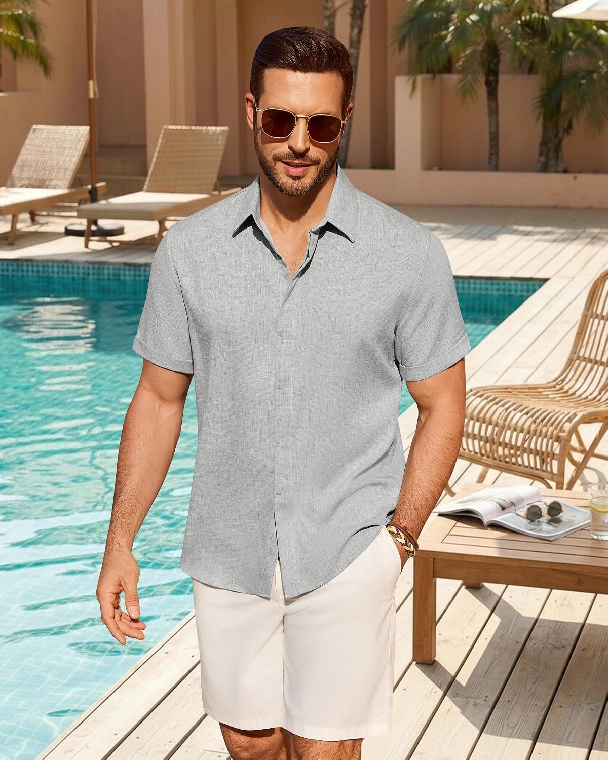image:imageMens Linen Shirt Short Sleeve Button Down Shirt Summer Casual Beach TopsPale Grey
