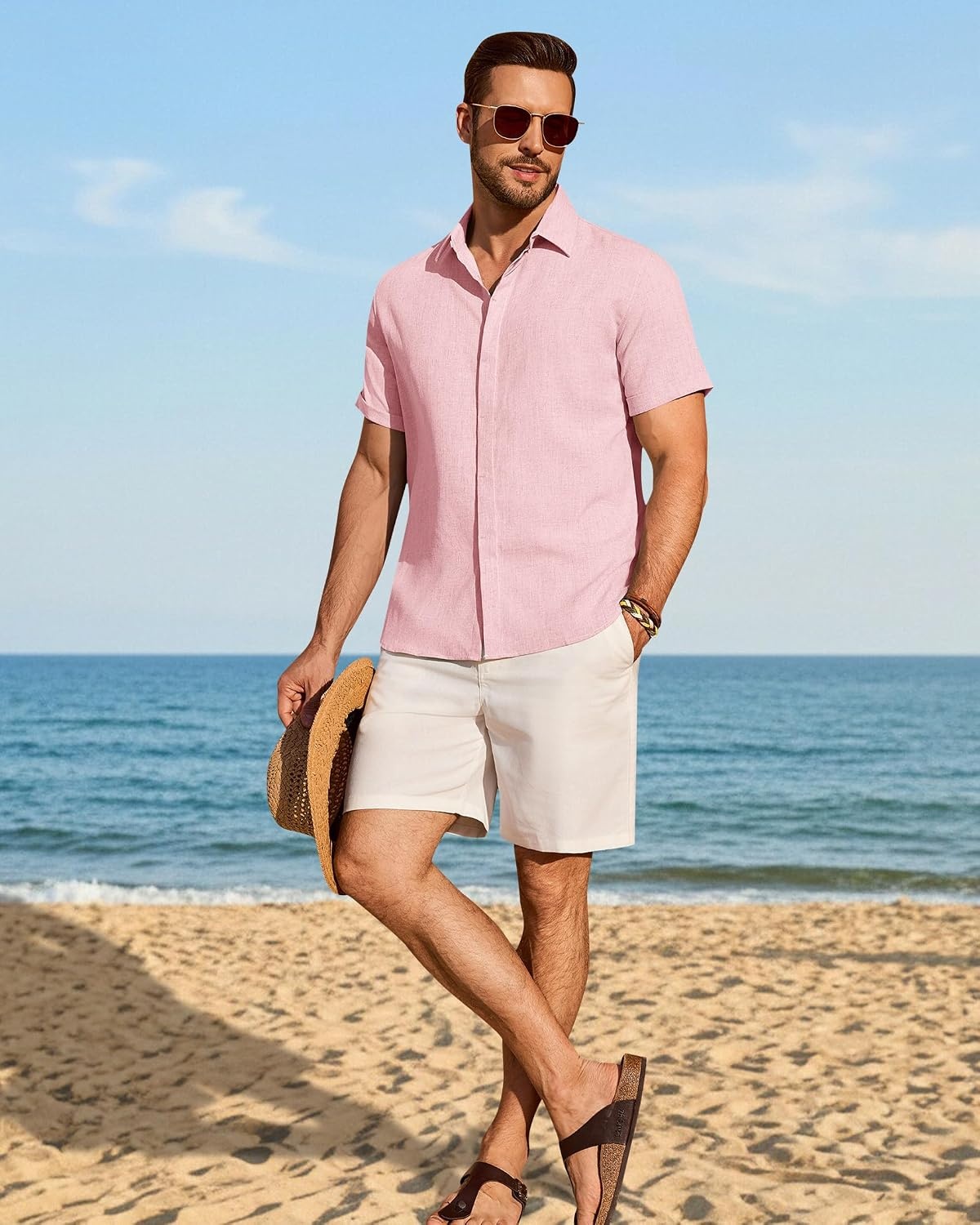 image:imageMens Linen Shirt Short Sleeve Button Down Shirt Summer Casual Beach TopsPink