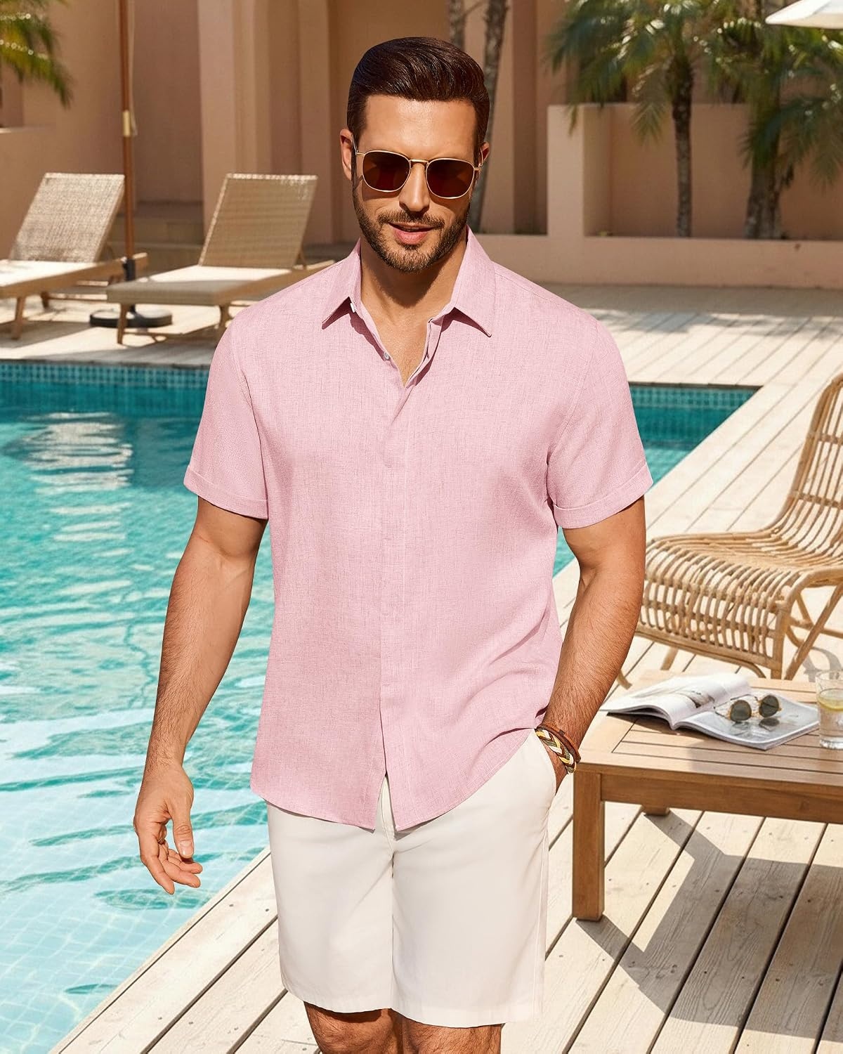 image:imageMens Linen Shirt Short Sleeve Button Down Shirt Summer Casual Beach TopsPink