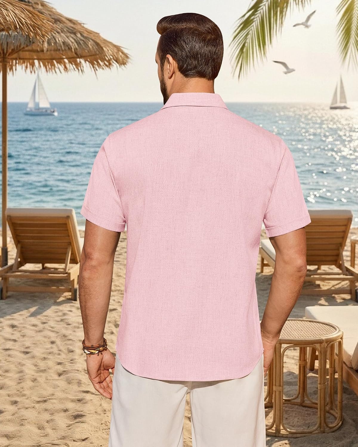 image:imageMens Linen Shirt Short Sleeve Button Down Shirt Summer Casual Beach TopsPink