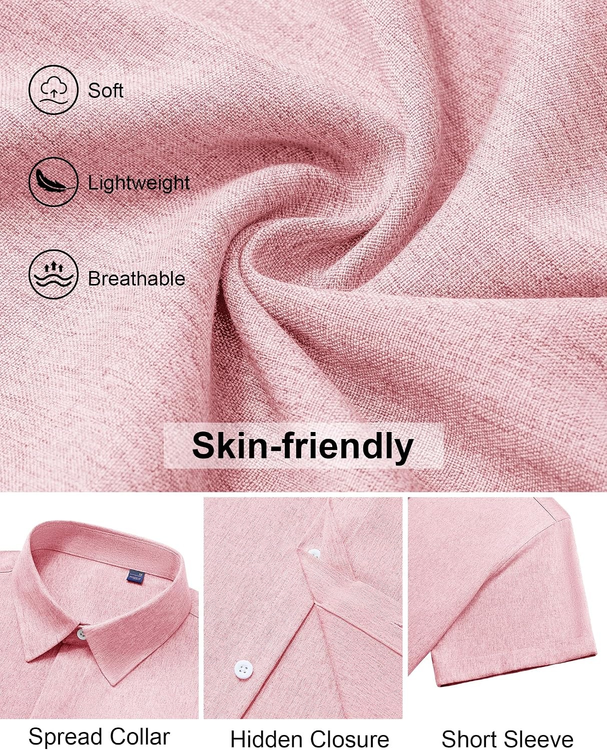 image:imageMens Linen Shirt Short Sleeve Button Down Shirt Summer Casual Beach TopsPink