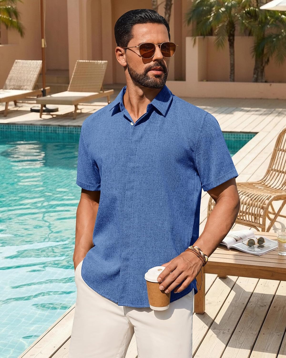 image:imageMens Linen Shirt Short Sleeve Button Down Shirt Summer Casual Beach TopsRoyal Blue