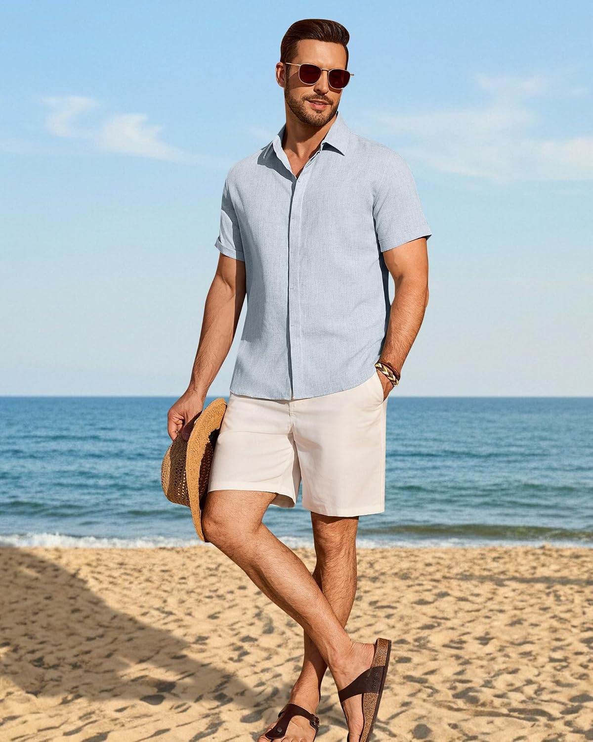 image:imageMens Linen Shirt Short Sleeve Button Down Shirt Summer Casual Beach TopsSky Blue