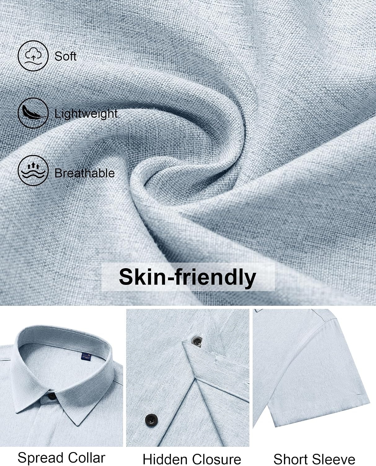 image:imageMens Linen Shirt Short Sleeve Button Down Shirt Summer Casual Beach TopsSky Blue