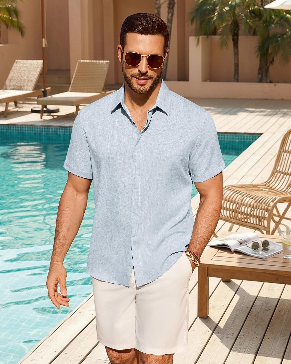 image:imageMens Linen Shirt Short Sleeve Button Down Shirt Summer Casual Beach TopsSky Blue