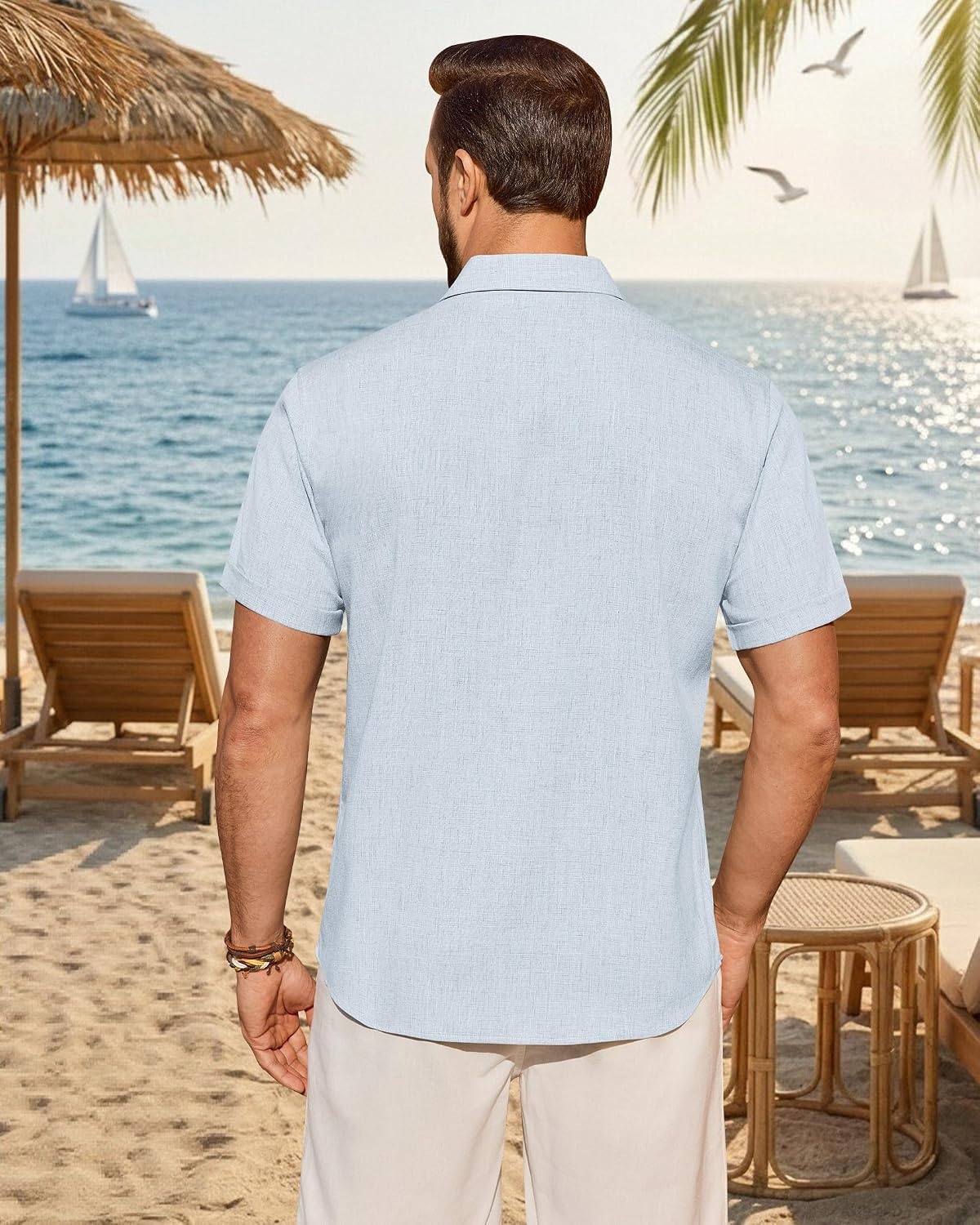 image:imageMens Linen Shirt Short Sleeve Button Down Shirt Summer Casual Beach TopsSky Blue