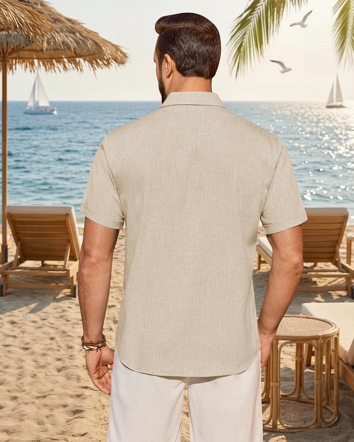image:imageMens Linen Shirt Short Sleeve Button Down Shirt Summer Casual Beach TopsStone