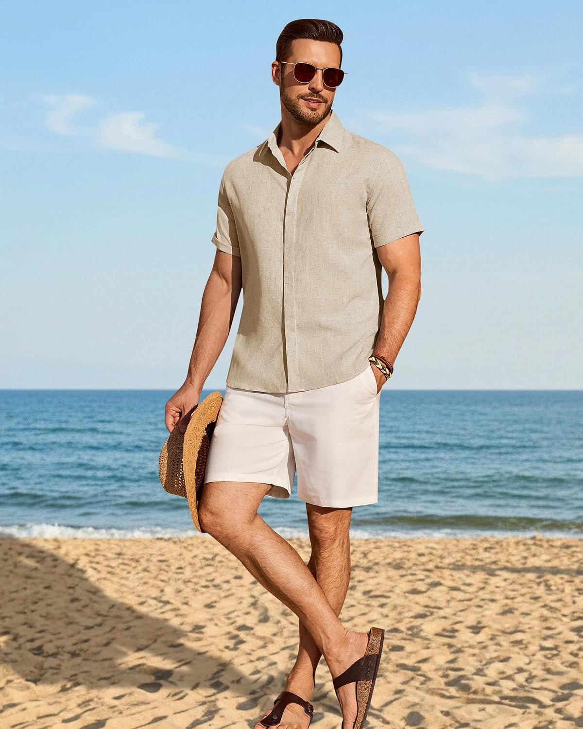 image:imageMens Linen Shirt Short Sleeve Button Down Shirt Summer Casual Beach TopsStone