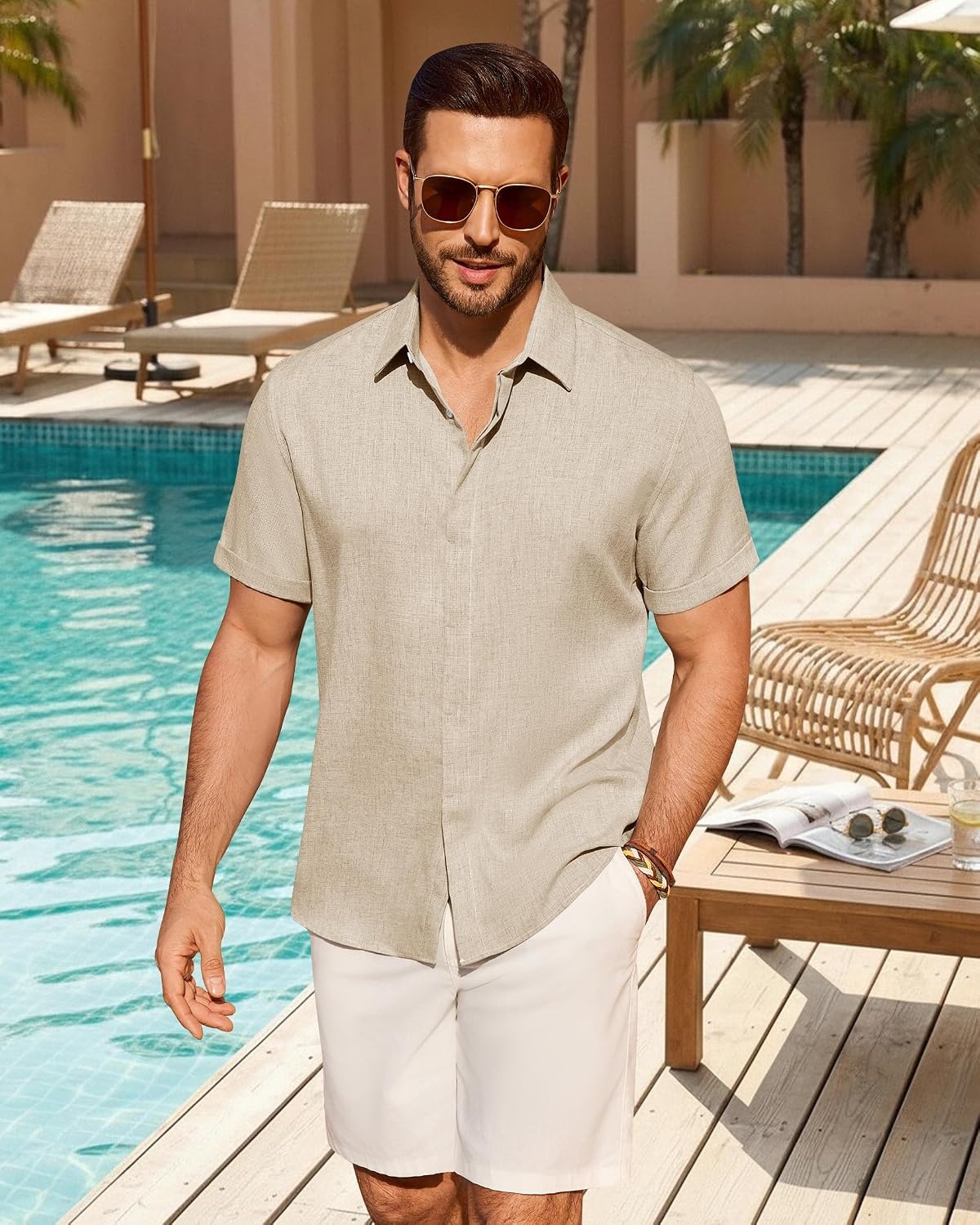 image:imageMens Linen Shirt Short Sleeve Button Down Shirt Summer Casual Beach TopsStone