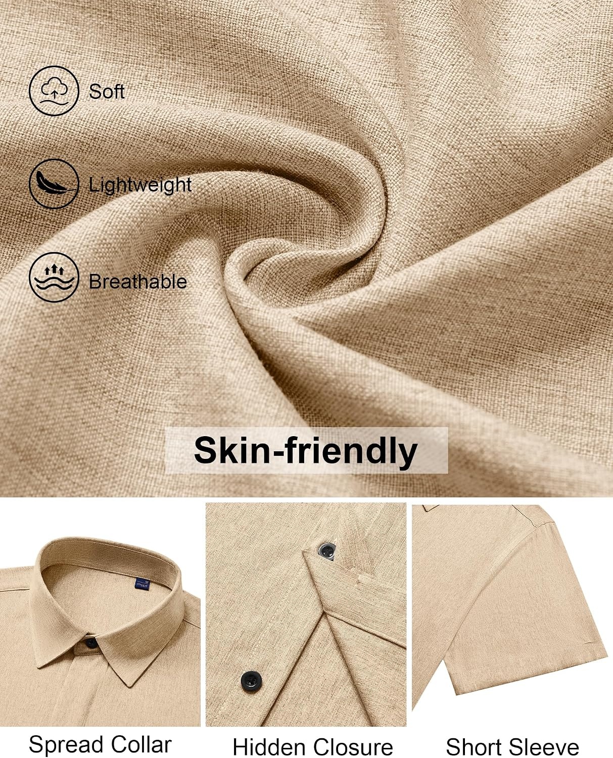 image:imageMens Linen Shirt Short Sleeve Button Down Shirt Summer Casual Beach TopsTan