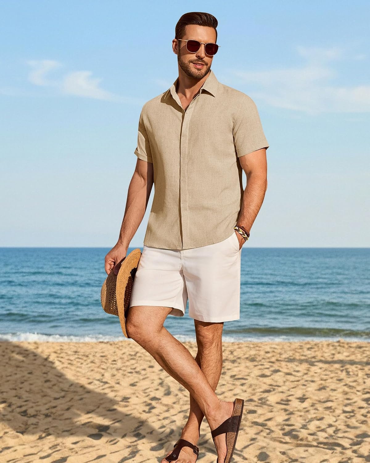image:imageMens Linen Shirt Short Sleeve Button Down Shirt Summer Casual Beach TopsTan